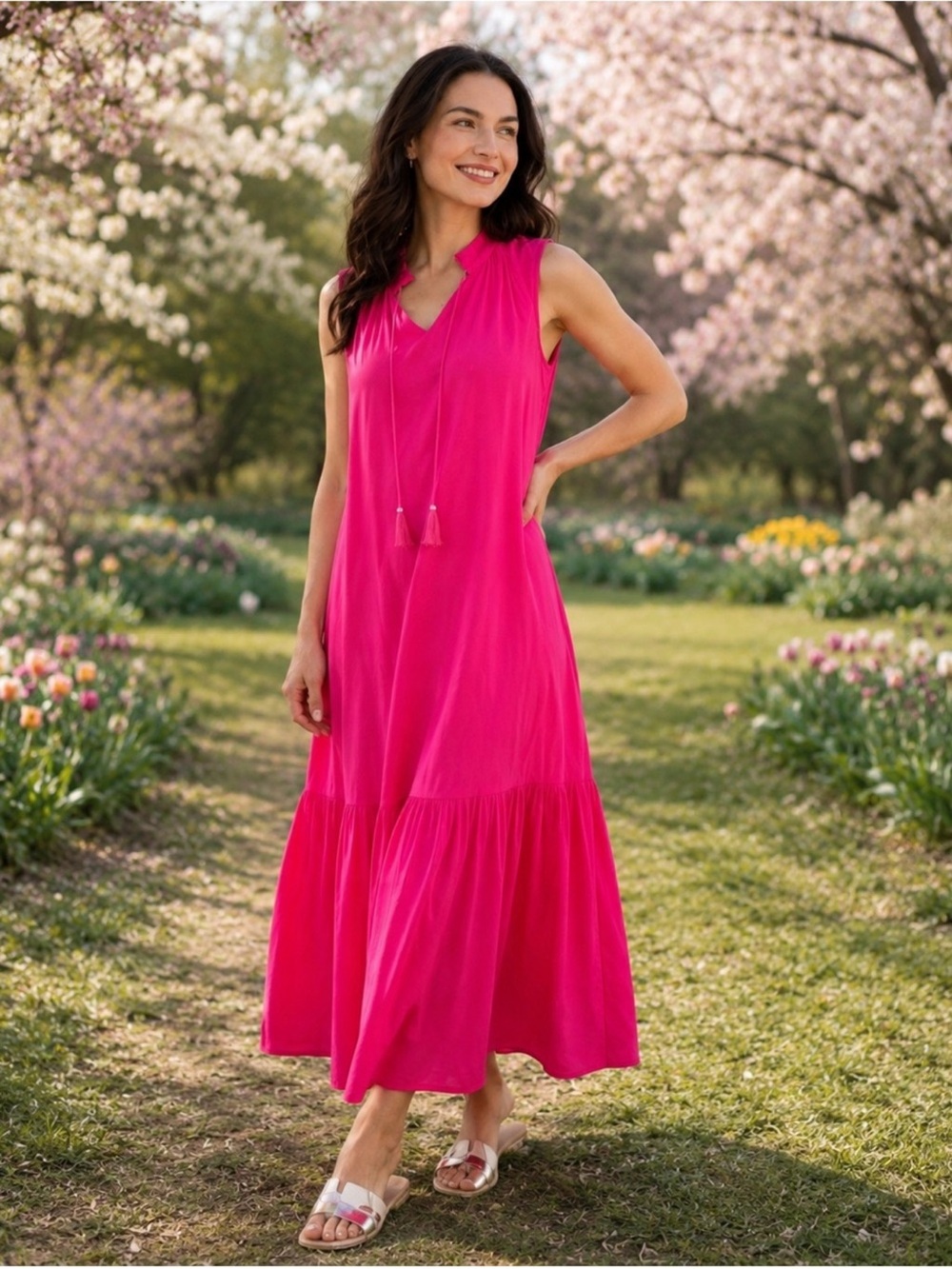 Chico’s Modern Peasant Maxi Dress Hot Pink Tiered Sleeveless sz 0-US SMALL (4-6)